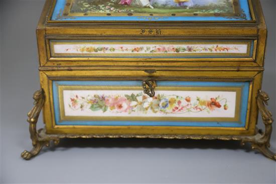 A Sevres style ormolu mounted stationery casket, late 19th century, W. 29.5cm